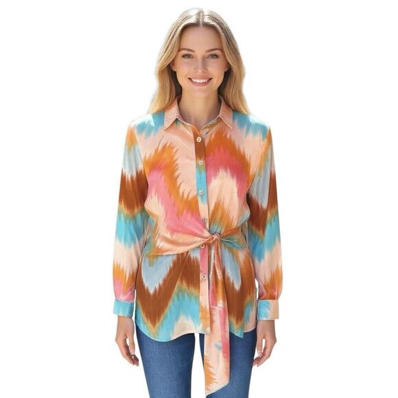 NWT Beulah Style Abstract Tie Front Button Up Blouse - Picture 1 of 6